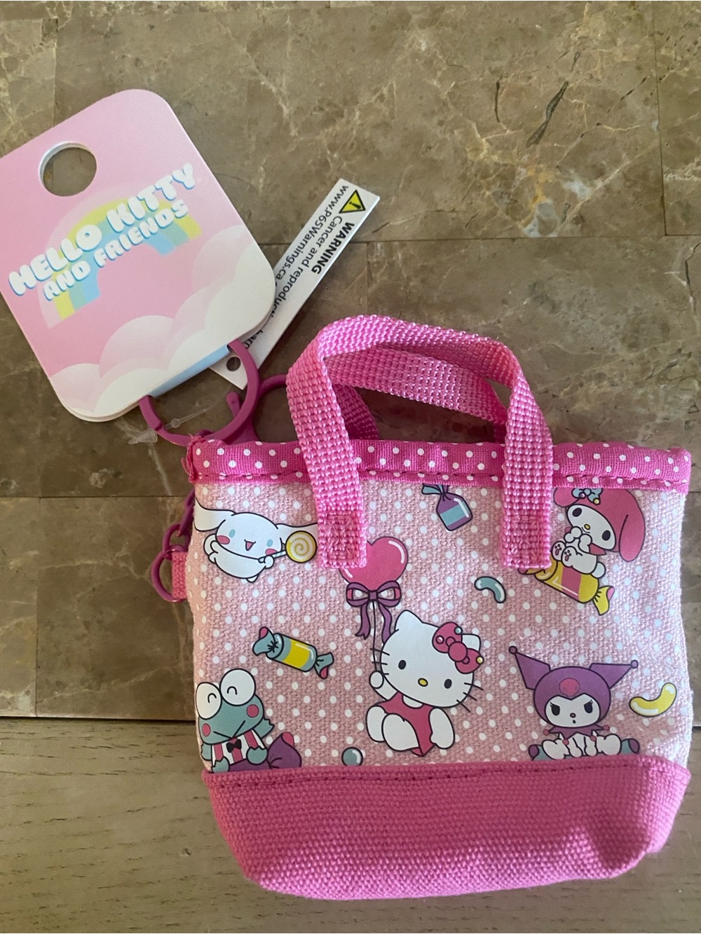 Hello Kitty & friends Pink zippered bag charm keychain Mini Tote w Handles NWT